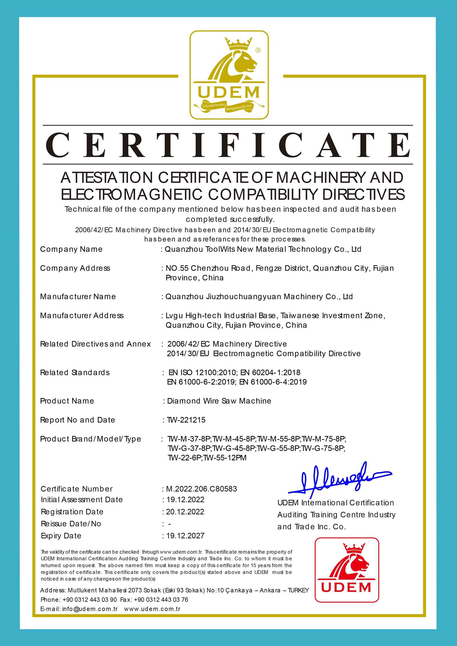 CE Certificate for Diamond Wire Saw Machine CE Certificate for Diamond Wire Saw Machine